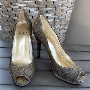 Stuart Weitzman Glittering Gold Peep-Toe Heels